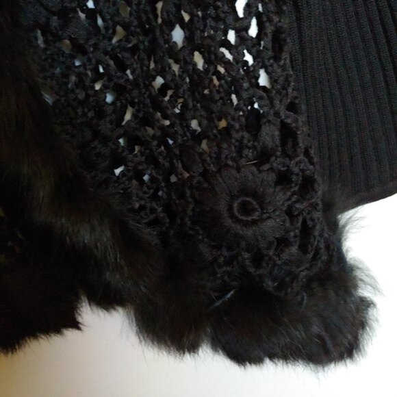 Ruby Cho Black Floral Knitted Faux Fur Sweater Sequin Open Front Romantic XL - Picture 10 of 16